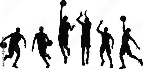 Set of basketball player silhouettes in flat vector style, male athletes dribbling and shooting isolated on white background for sports, 20 words.