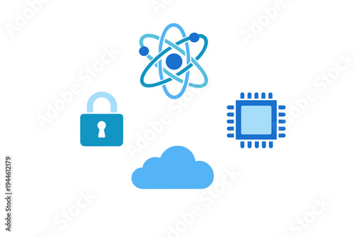 A collection of four blue digital icons including an atom, a padlock, a computer chip, and a cloud, arranged in a circular pattern against a solid black background.