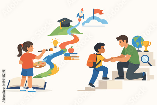 Education concept vector with a girl painting her own path and a boy being helped up stairs by a teacher, featuring school symbols like books, globe, and graduation cap for learning and growth.