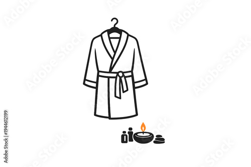 A black line art illustration of a bathrobe hanging on a hanger above spa elements including a lit candle, massage stones, and oil bottles on a plain white background.
