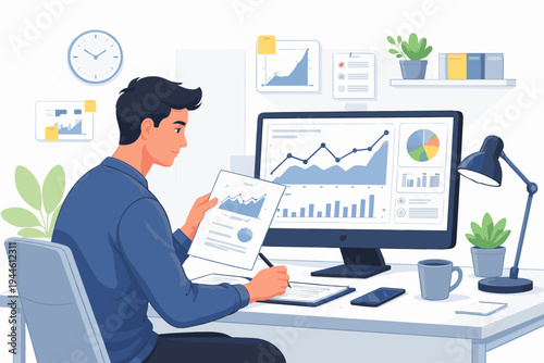 Professional man analyzing financial data and business graphs on a computer screen and paper in a modern office setting, flat vector illustration of a data analyst or accountant at work.