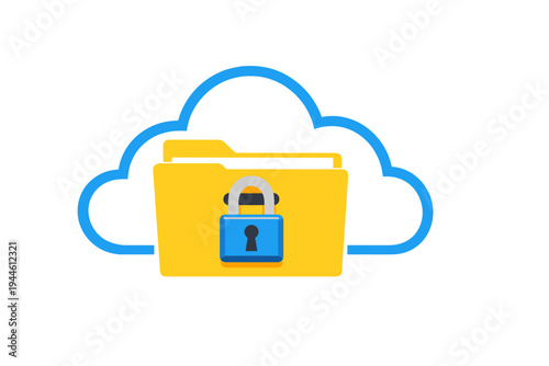 A digital illustration of a yellow folder with a blue padlock icon placed inside a blue cloud outline, representing secure cloud storage and data protection on a black background.