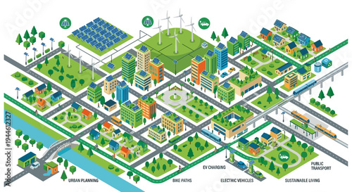 Sustainable city illustration showcasing renewable energy and green infrastructure