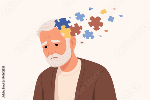 Conceptual vector illustration of a sad senior man with puzzle pieces flying out of his head, symbolizing memory loss, Alzheimer's disease, dementia, and cognitive decline in elderly people.