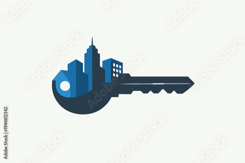 Real Estate Logo Design Featuring a Key Integrated with a Modern Cityscape Skyline and House Silhouette, Perfect for Property Investment, Mortgage Services, and Urban Development Branding Icon.