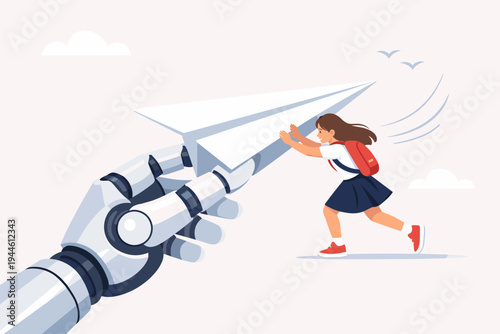 AI in Education Concept with a Robot Hand Holding a Paper Airplane and a School Girl Pushing it to Fly, Symbolizing Future Technology, Innovation, and Human-Robot Collaboration in Learning.