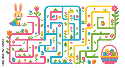 A colorful easter maze with a bunny flowers and eggs
