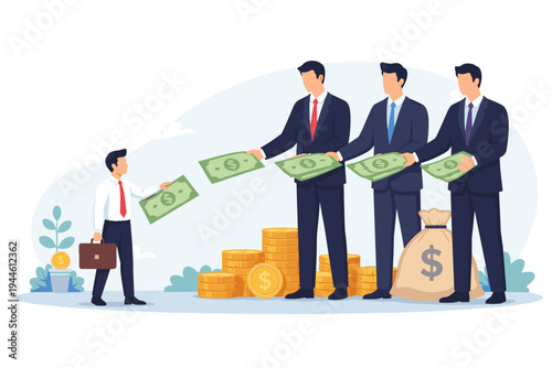 Vector Illustration of a Small Business Owner Handing Cash to Giant Corporate Creditors, Representing Debt, Loan Repayment, Financial Pressure, Taxes, and Inequality in the Modern Economy.
