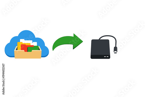 This graphic depicts the process of downloading files from cloud storage to a physical external hard drive, represented by a blue cloud, colorful folders, and a green arrow.