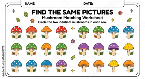 Mushroom matching worksheet for kids find the identical pictures
