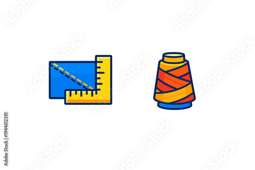 A flat vector illustration showing a blue fabric swatch with a yellow ruler and a spool of orange thread, set against a solid black background for a clean look.