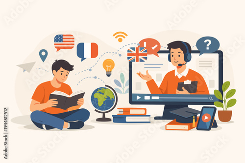 Online Language Learning Concept Vector Illustration with Student Reading Book and Teacher Coaching on Computer Screen, Featuring International Flags, Globe, Books, and E-learning Education Icons.