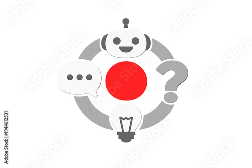 A minimalist illustration featuring a central red circle surrounded by a gray ring with icons for a robot, speech bubble, light bulb, and question mark on a black background.
