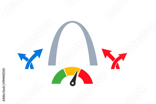 This graphic design displays a grey arch flanked by blue and red crossed arrows, with a performance gauge below showing green, yellow, and red sections on a black background.