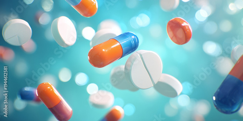 Falling medical capsules and white pills on blue bokeh background for pharmaceutical and health concept
