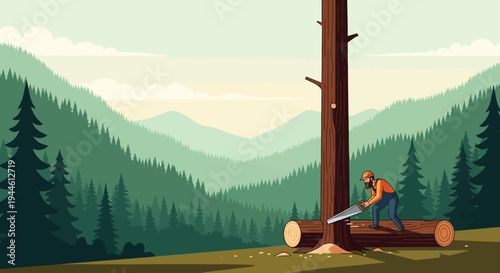 Illustration of lumberjack cutting down tree with chainsaw in forest landscape