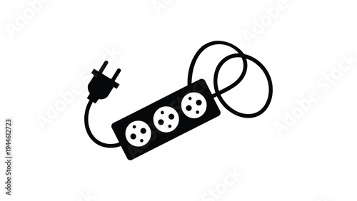 Electric power strip extension cord icon with plug and sockets electricity distribution device isolated minimal black vector illustration