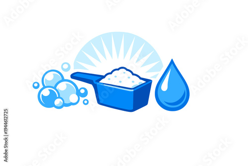 A blue laundry detergent scoop filled with powder is shown alongside soap bubbles and a large water droplet. The illustration features a stylized light burst in the background.