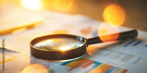 Magnifying glass on financial paper reports with charts and glowing bokeh for audit and data analysis concept