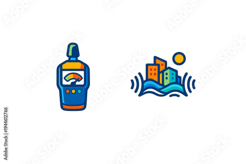 This illustration shows a digital sound level meter and a vibrant city skyline with sound wave symbols and a sun, all depicted in a flat graphic style on a black background.