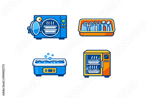 A set of four medical sterilization icons featuring an autoclave, a tray of surgical instruments, an ultrasonic cleaner, and a dry heat sterilizer on a black background.
