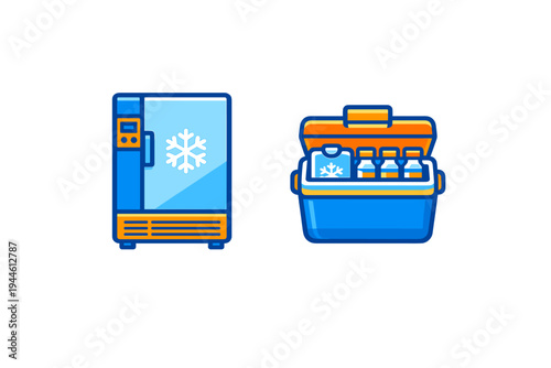 A blue refrigerator with a snowflake icon stands next to an open portable cooler box filled with water bottles and an ice pack, both illustrated in a flat vector style on black.