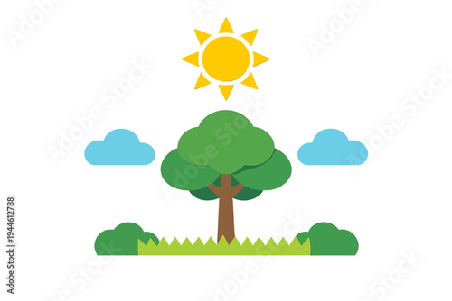 A stylized illustration featuring a green tree with a brown trunk, two blue clouds, and a bright yellow sun above a patch of green grass and bushes on a black background.
