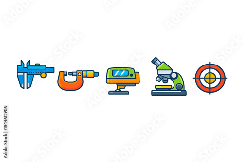A set of five colorful flat vector icons representing precision measurement and scientific tools including a caliper, micrometer, laser level, microscope, and a target symbol.