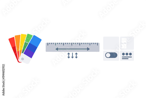 A flat illustration featuring a colorful color palette fan, a measurement ruler with arrows, and various user interface design elements on a solid black background.