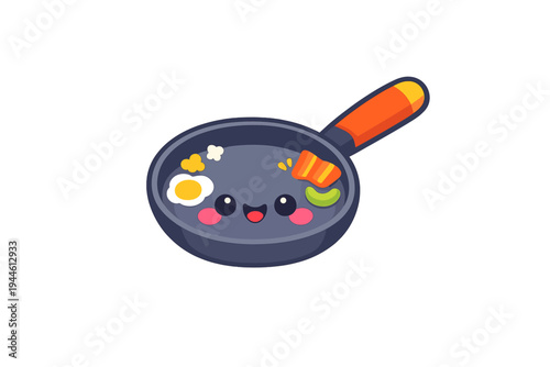 A cute cartoon frying pan with a happy face contains a fried egg, bacon, and a green vegetable. The anthropomorphic kitchen tool has pink cheeks and a smiling expression on a black background.
