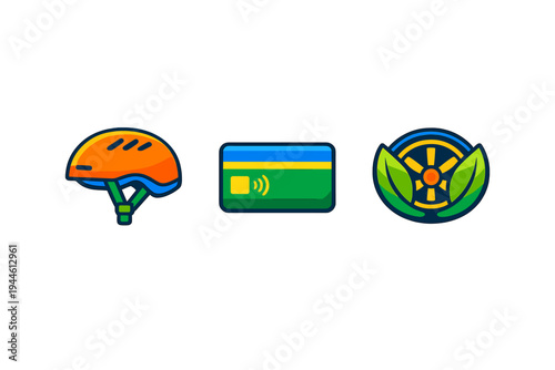 A set of three stylized icons including an orange bike helmet, a green credit card with a wireless symbol, and a circular nature-themed emblem, all set against a black backdrop.