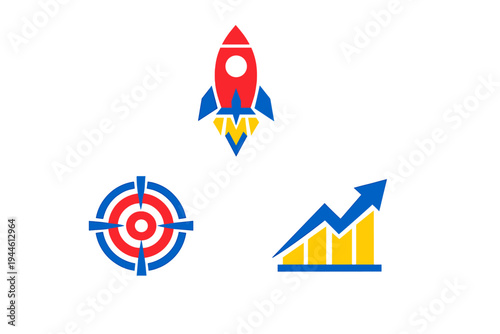 Three flat icons on a black background featuring a red rocket launching, a blue and red target, and a yellow bar graph with an upward blue arrow representing growth and success.