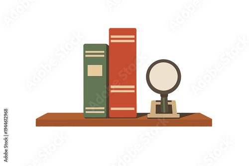 A flat illustration of two books, one green and one red, standing vertically on a brown shelf next to a magnifying glass on a stand against a solid black background.