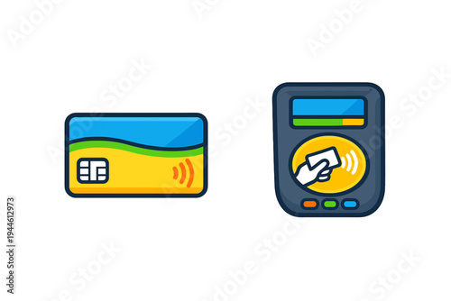 This vector graphic shows a contactless payment card with a chip and a card reader terminal. The illustration uses a bold cartoon style with vibrant blue, yellow, and green tones.