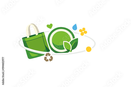 A collection of eco-friendly icons featuring a green reusable shopping bag, leaves, a recycling symbol, a water drop, and a flower, all arranged in a circular composition.