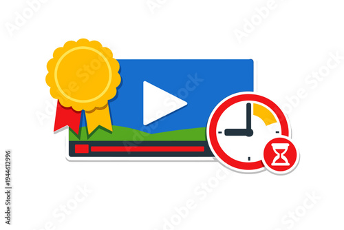 This illustration shows a digital video player interface accompanied by a gold medal, a clock, and an hourglass, symbolizing video success, duration, and viewer engagement metrics.
