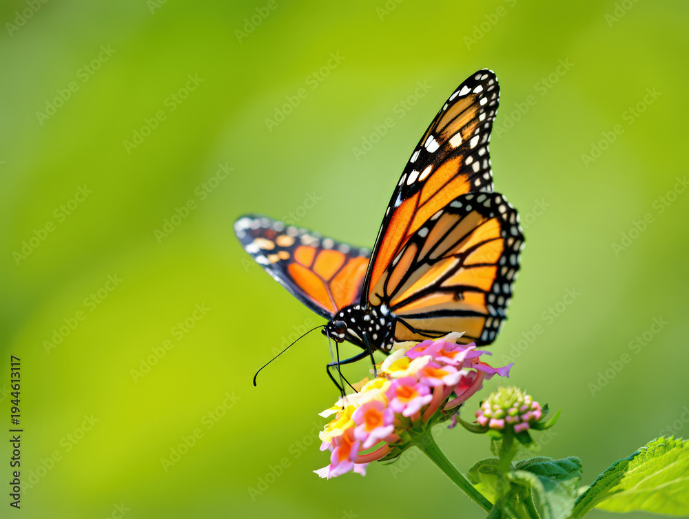Fototapeta premium Monarch Butterfly Sipping Nectar from Lantana Flowers in a Lush Green Garden A Captivating Close Up of Nature's Beauty and Delicate Pollination Process