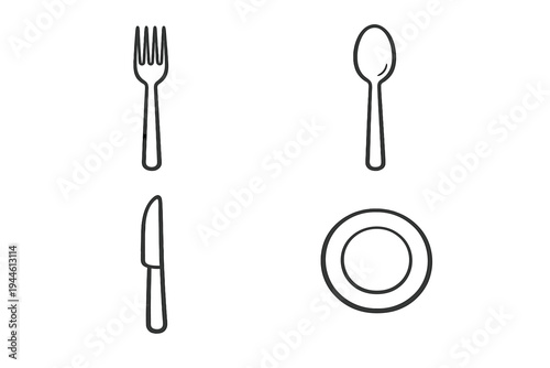 A minimalist set of four white line art icons depicting a fork, a spoon, a knife, and a plate, all arranged on a solid black background for a clean and modern look.