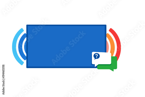 A blue rectangular screen is surrounded by blue, orange, and red signal waves. Two speech bubbles, one black with a question mark and one green, are positioned in the lower right corner.