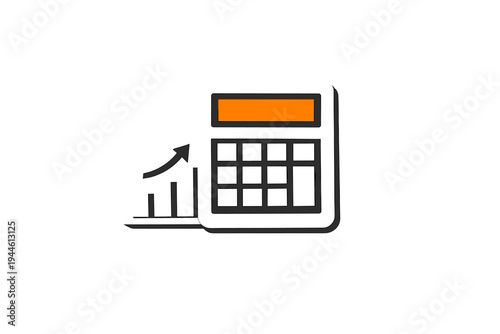 A stylized illustration of a white calculator with an orange screen next to a rising bar graph and arrow, set against a black background to represent financial growth and accounting.