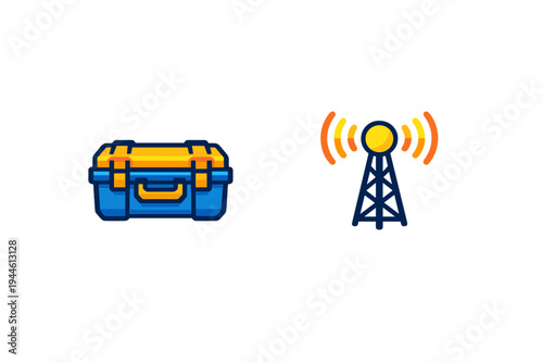 A blue and yellow toolbox sits next to a radio tower emitting signal waves. Both items are illustrated in a clean, flat vector style against a solid black background.