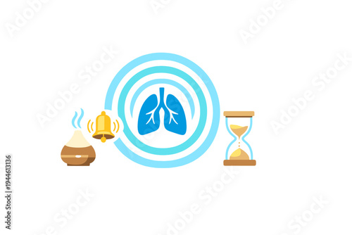 A flat vector illustration featuring a central lung icon surrounded by blue circles, with an essential oil diffuser, a ringing bell, and an hourglass on a black background.