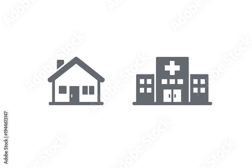 This image features two minimalist gray icons on a black background: a residential house on the left and a hospital building with a medical cross on the right side of the frame.