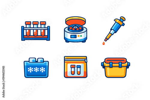 A set of six colorful laboratory equipment icons including test tubes, a centrifuge, a micropipette, an ice box, a sample bag, and a transport container on a black background.