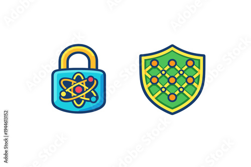 Two flat vector icons on a black background representing cybersecurity. One is a blue padlock with an atom symbol, and the other is a green shield with a network grid pattern.