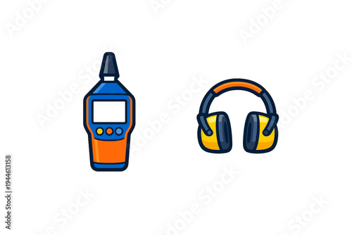 A flat illustration of a digital sound level meter and yellow industrial earmuffs on a black background, representing noise measurement and hearing protection equipment.
