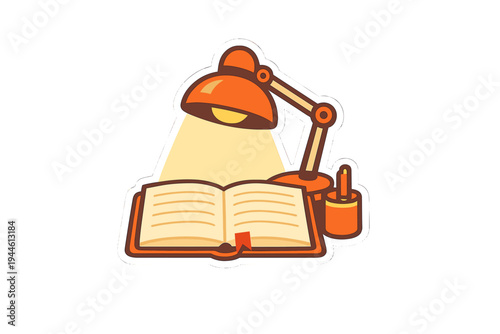 This vector graphic features an open book with a red bookmark under the warm light of an orange desk lamp. A pen holder sits nearby, all enclosed in a white sticker-style border.