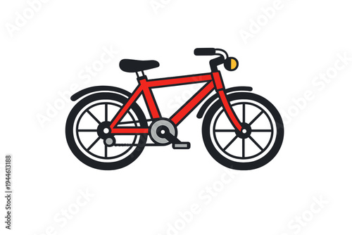 A flat vector illustration features a red bicycle with black wheels and a yellow headlight on a black background. The clean design highlights the frame and mechanical parts.