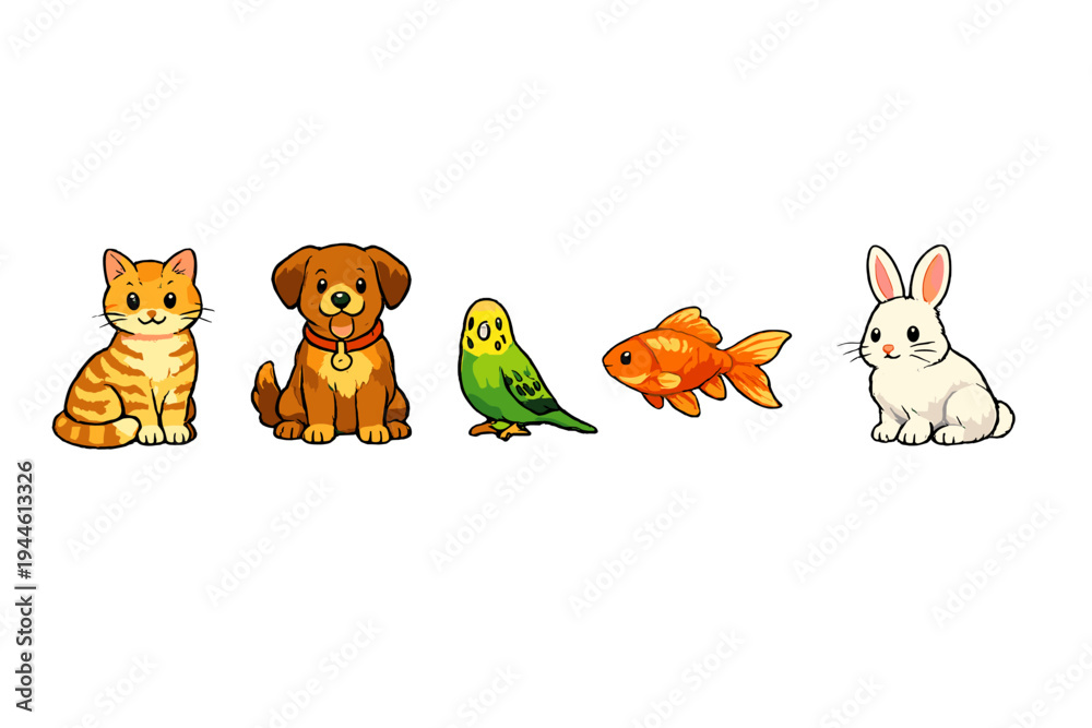 Fototapeta premium A collection of five cute cartoon pets including a ginger cat, a brown dog, a green budgie, an orange goldfish, and a white rabbit, all isolated on a solid black background.