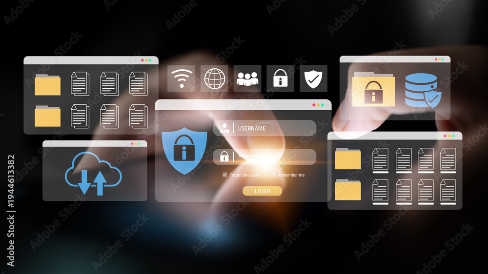 Fototapeta premium Secure login and file management interface with folder, password, and encryption icons for cybersecurity visualization Parse